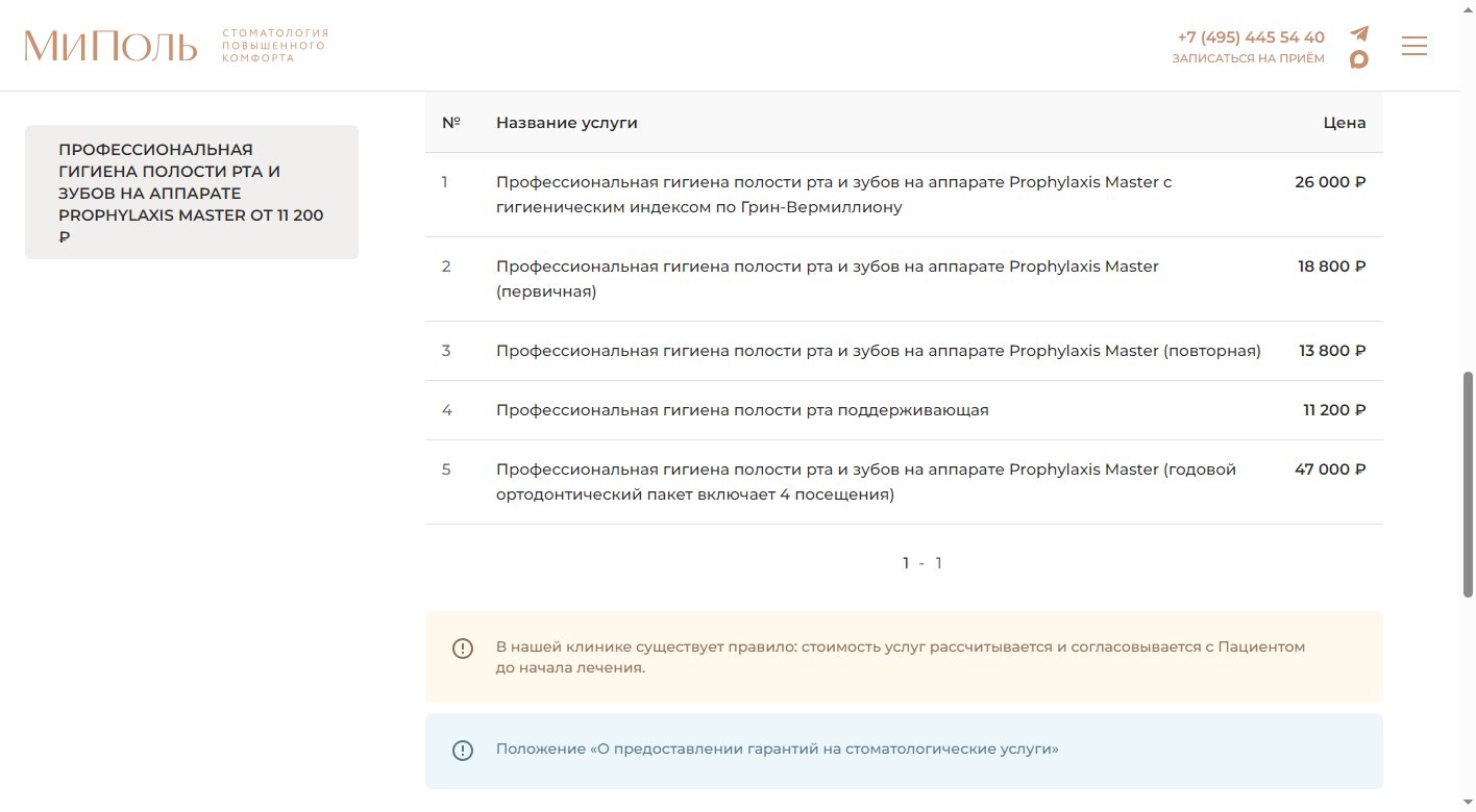 Таблица цен на гигиену